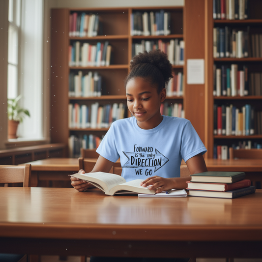 Young Black girl wearing light blue Forward Is The Only Direction tee in library