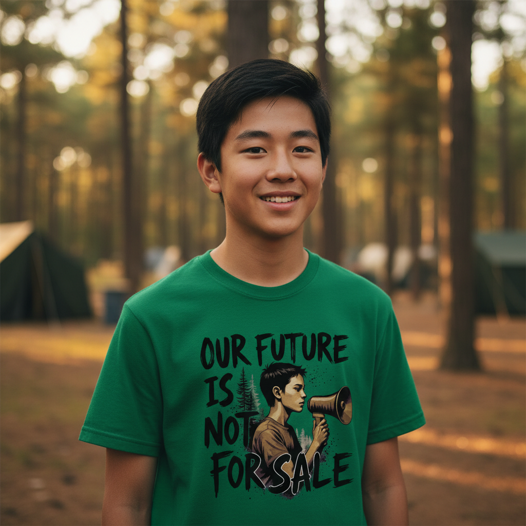 Young Chinese teen in Kelly green tee at Boy Scout camp