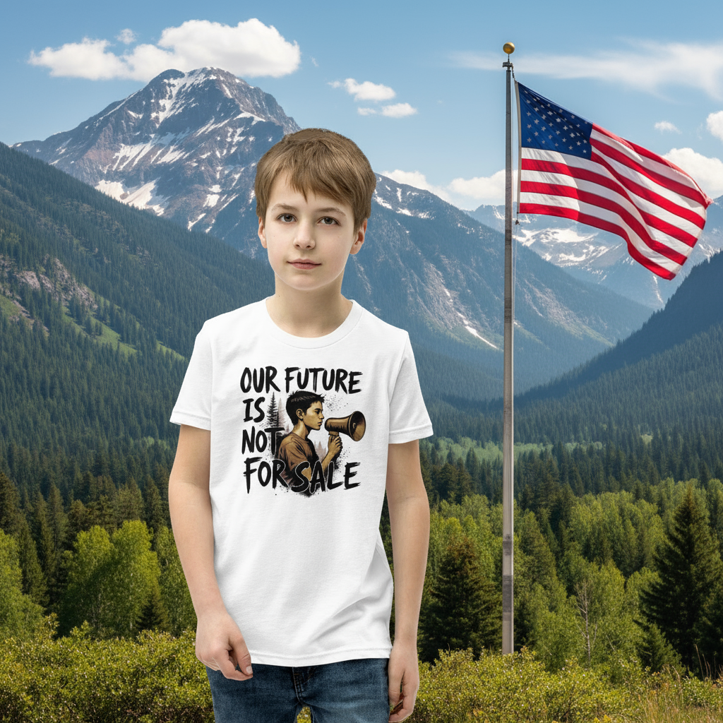 A teen boy stands in a National Park wearing a white tshirt that says "Our Future Is Not For Sale"