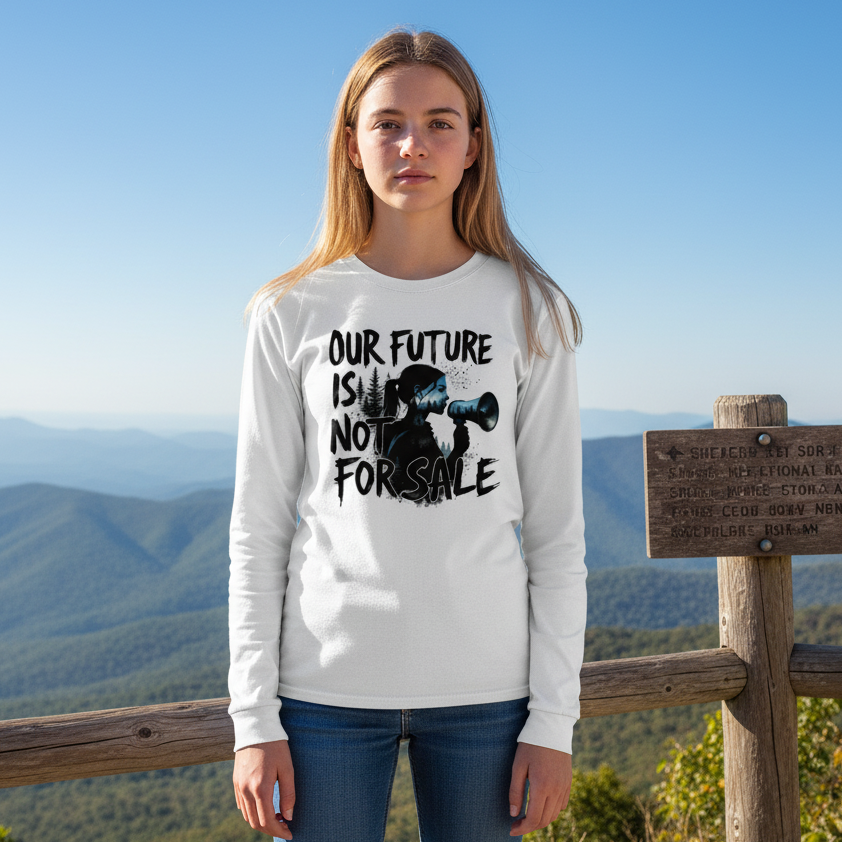 Youth wearing Our Future is Not for Sale tee at Shenandoah National Park